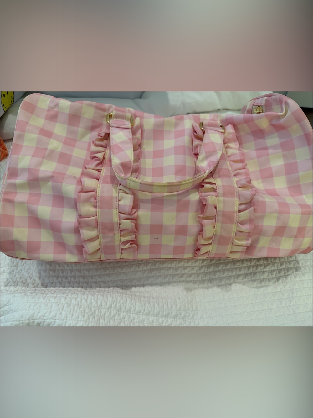 Stoney Clover Lane Pink Gingham Ruffle Weekender Bag Good used condition
